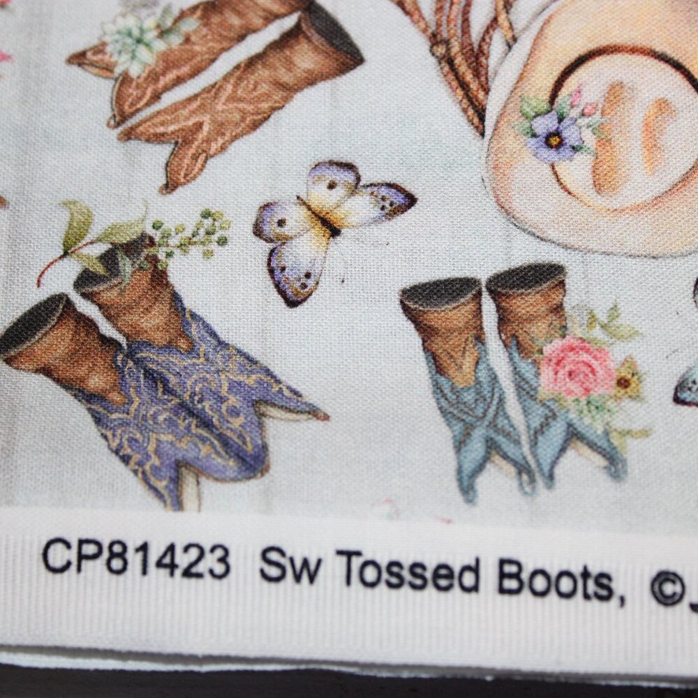 One Yard Cotton Fabric TOSSED BOOTS Cowboy Boots Hats Flowers on Blue - Picture 4 of 4